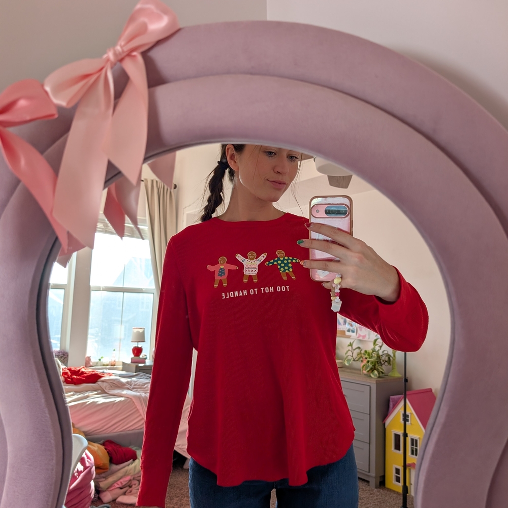 Red Waffle Knit "Too Hot To Handle" Gingerbread Christmas Top Size XXL